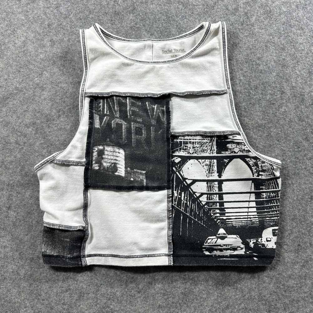 Social Tourist Patchwork Crop Tank Top XS White Black NYC Graphic Raw Seam